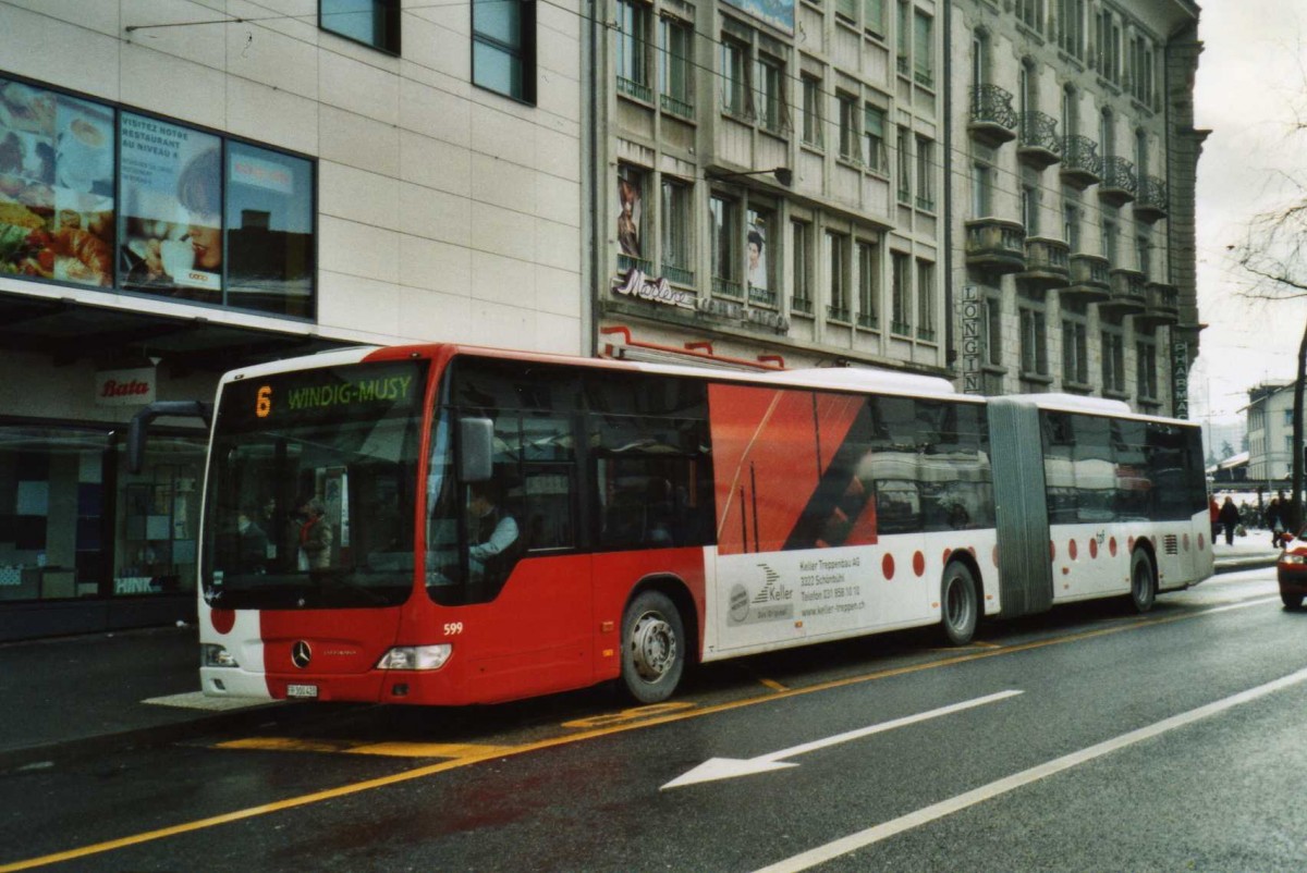 (114'307) - TPF Fribourg - Nr. 599/FR 300'420 - Mercedes am 14. Februar 2009 beim Bahnhof Fribourg