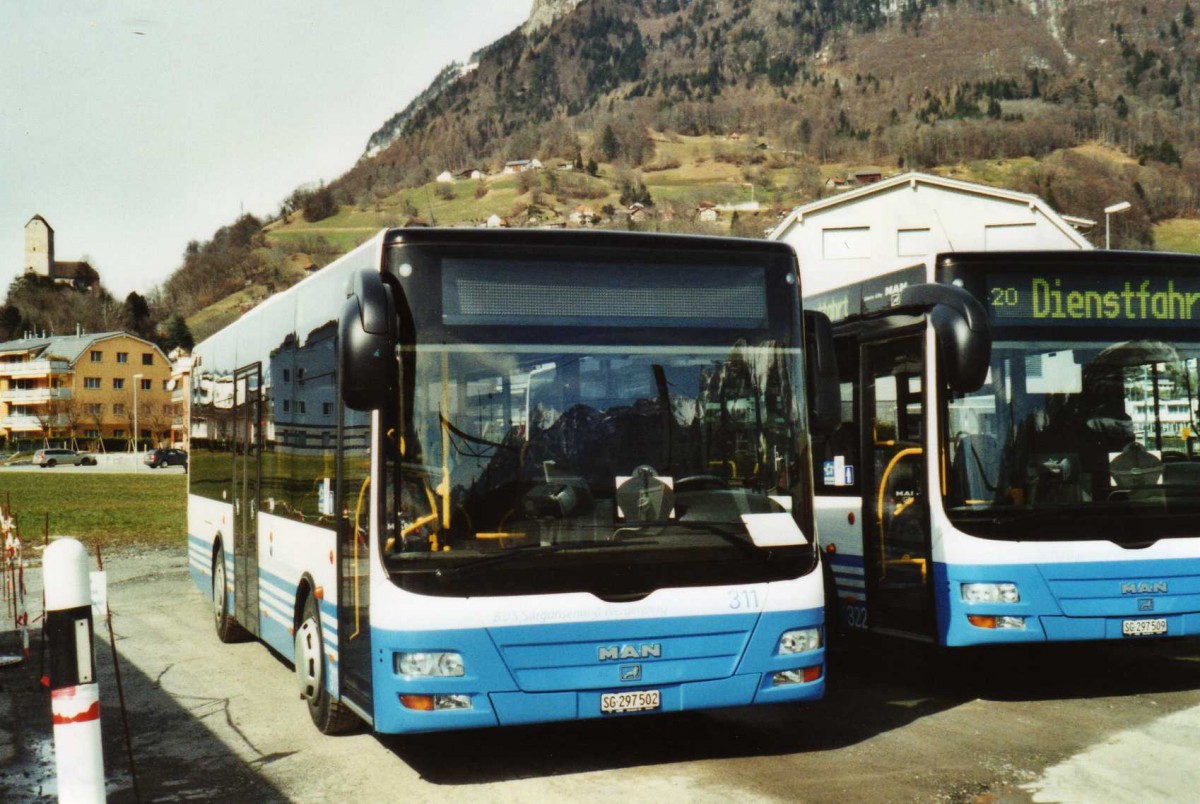 (115'121) - BSW Sargans - Nr. 311/SG 297'502 - MAN/Gppel am 14. Mrz 2009 beim Bahnhof Sargans