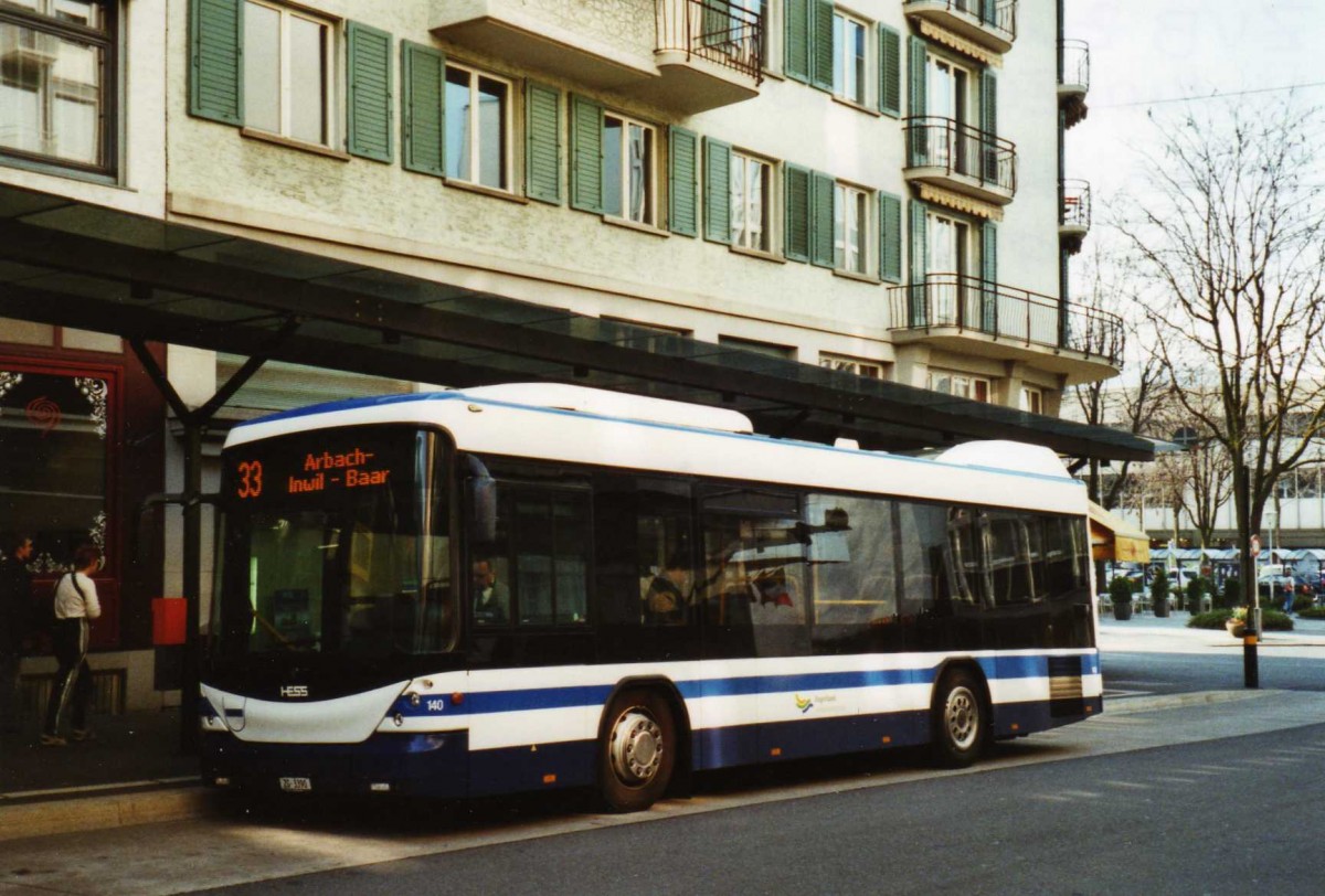 (125'615) - ZVB Zug - Nr. 140/ZG 3390 - Scania/Hess am 24. April 2010 beim Bahnhof Zug