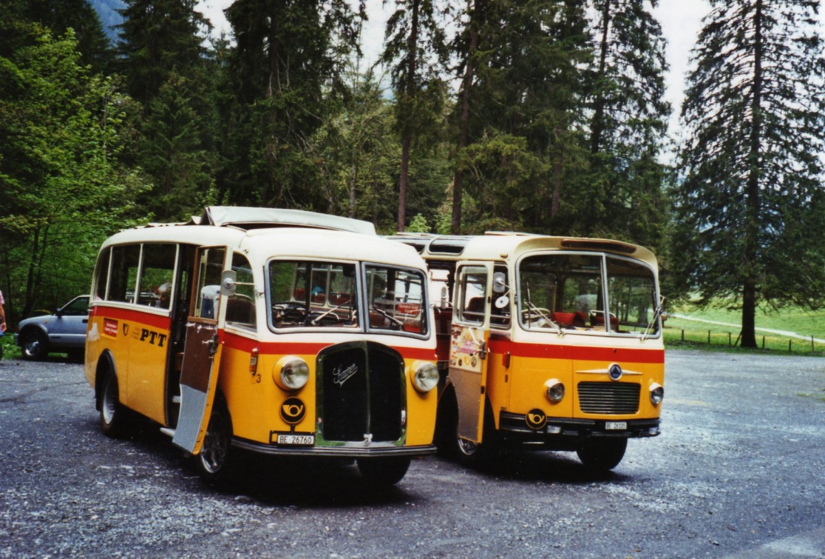 (126'623) - Schmid, Thrishaus - Nr. 3/BE 26'760 - Saurer/Gangloff (ex Geiger, Adelboden Nr. 3) + Nr. 9/BE 26'105 - Saurer/R&J (ex Geiger, Adelboden Nr. 9) am 29. Mai 2010 in Kiental, Tschingel