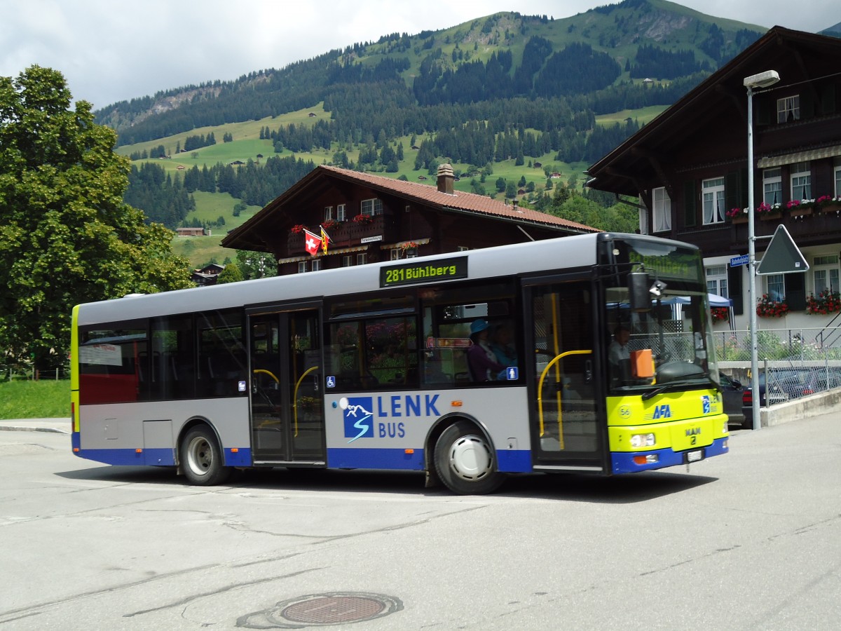 (128'048) - AFA Adelboden - Nr. 56/BE 611'030 - MAN/Gppel am 25. Juli 2010 beim Bahnhof Lenk