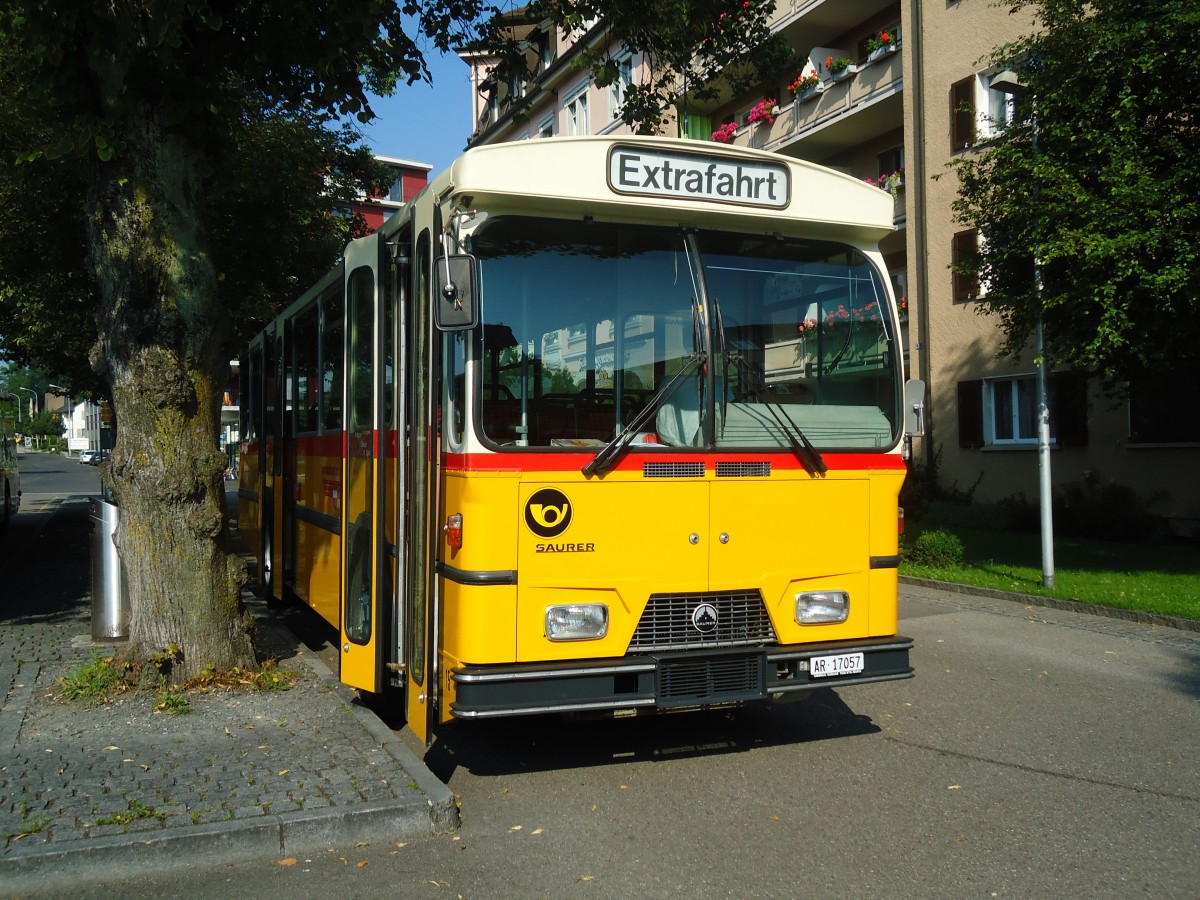 (128'780) - Osthues, Teufen - Nr. 15/AR 17'057 - Saurer/Leyland-Hess (ex AVG Grindelwald Nr. 15; ex RhV Altsttten Nr. 42) am 21. August 2010 beim Bahnhof Gossau