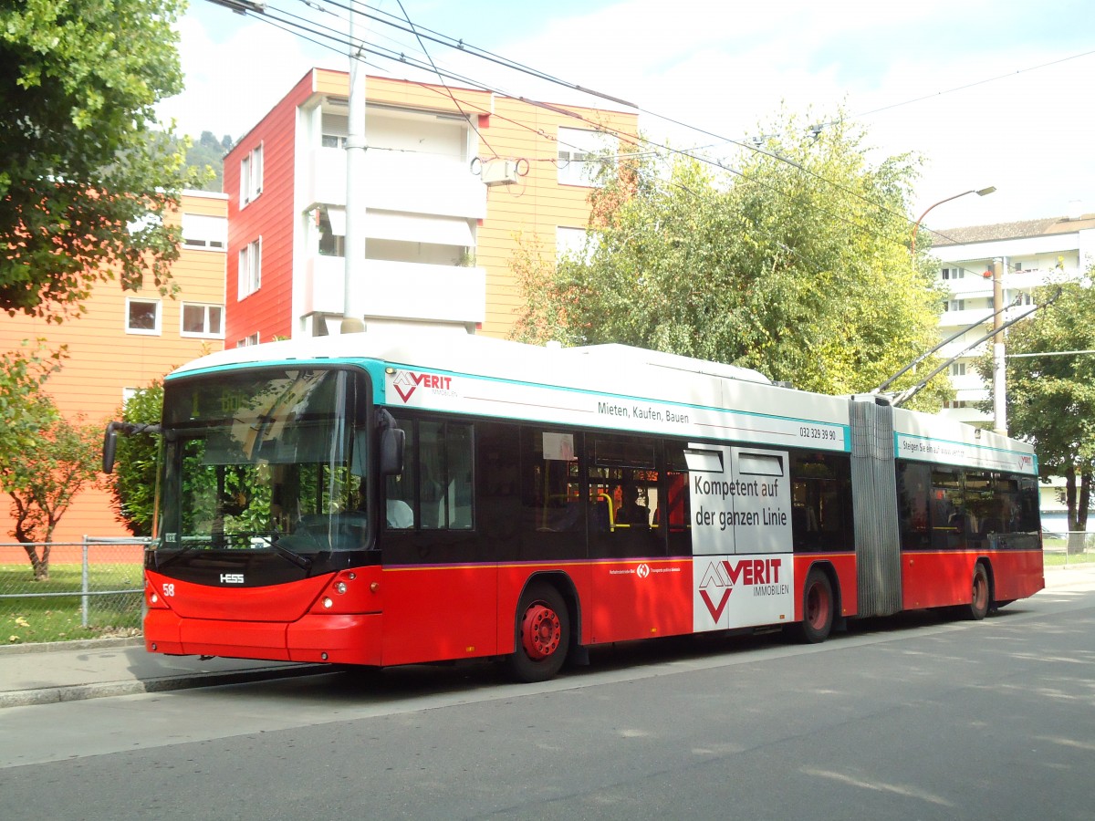 (129'636) - VB Biel - Nr. 58 - Hess/Hess Gelenktrolleybus am 12. September 2010 in Biel, Eisbahn