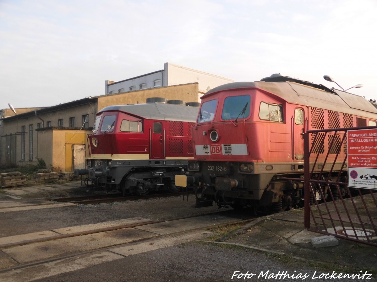 132 293 der EBS und die fast Ausgeschlachtete 232 182 abgestellt auf dem Gelnde der LEG in Delitzsch am 15.12.15