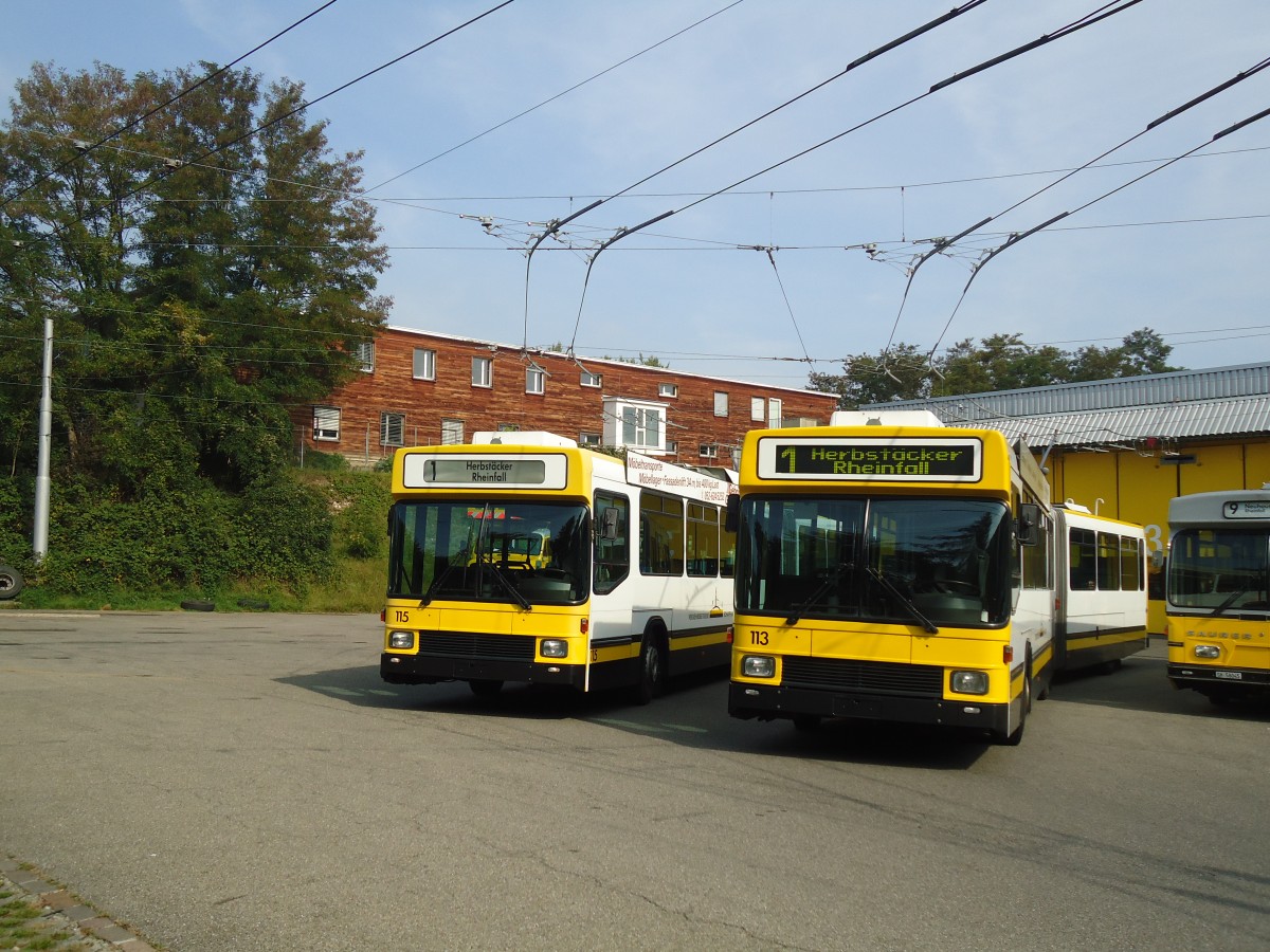 (136'067) - VBSH Schaffhausen - Nr. 115 + Nr. 113 - NAW/Hess Gelenktrolleybusse am 25. September 2011 in Schaffhausen, Busdepot