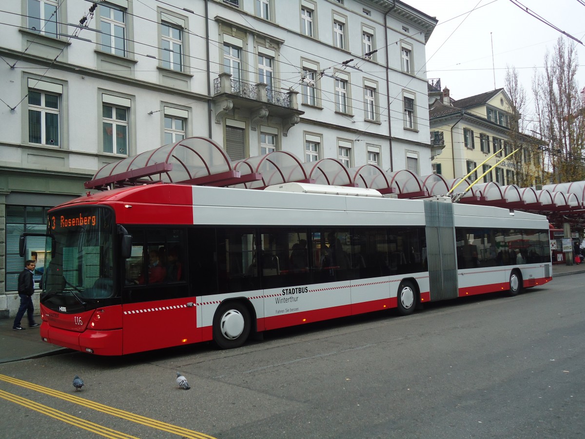 (136'958) - SW Winterthur - Nr. 116 - Hess/Hess Gelenktrolleybus am 24. November 2011 beim Hauptbahnhof Winterthur