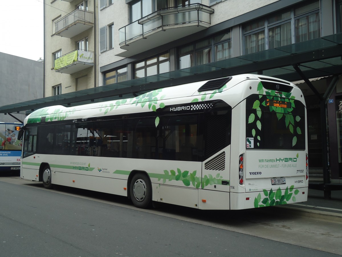 (137'980) - ZVB Zug - Nr. 114/ZG 88'114 - Volvo am 6. Mrz 2012 beim Bahnhof Zug