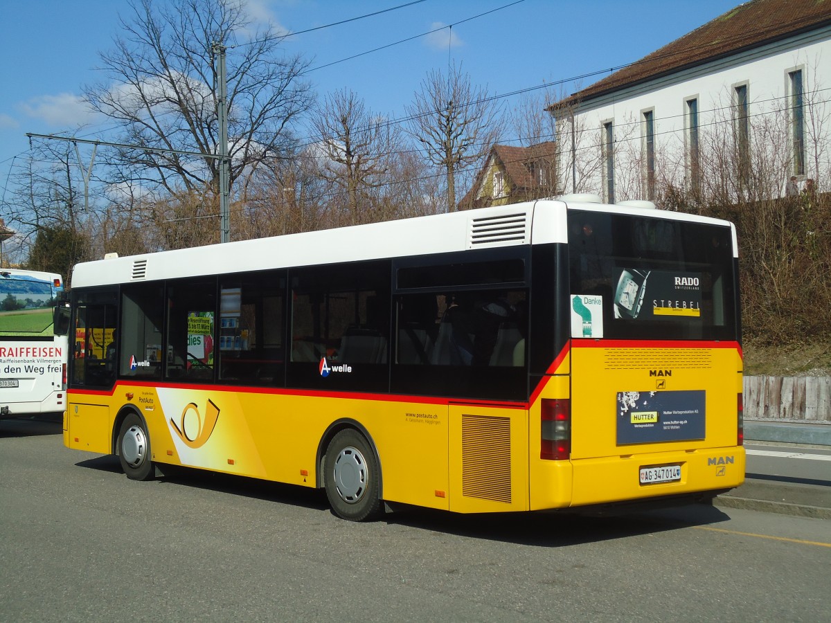 (138'074) - Geissmann, Hgglingen - AG 347'014 - MAN am 6. Mrz 2012 beim Bahnhof Wohlen