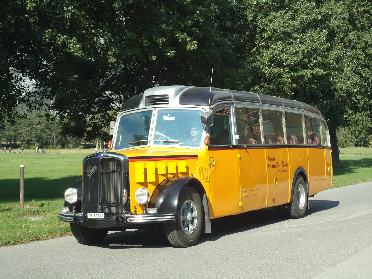 (141'731) - Castrischer, Trimmis - GR 59'391 - Saurer/Gangloff (ex Volkart, Zollikon; ex Funi-Car, Biel; ex M+79'534; ex P 23'126; ex P 2193) am 15. September 2012 in Chur, Waffenplatz