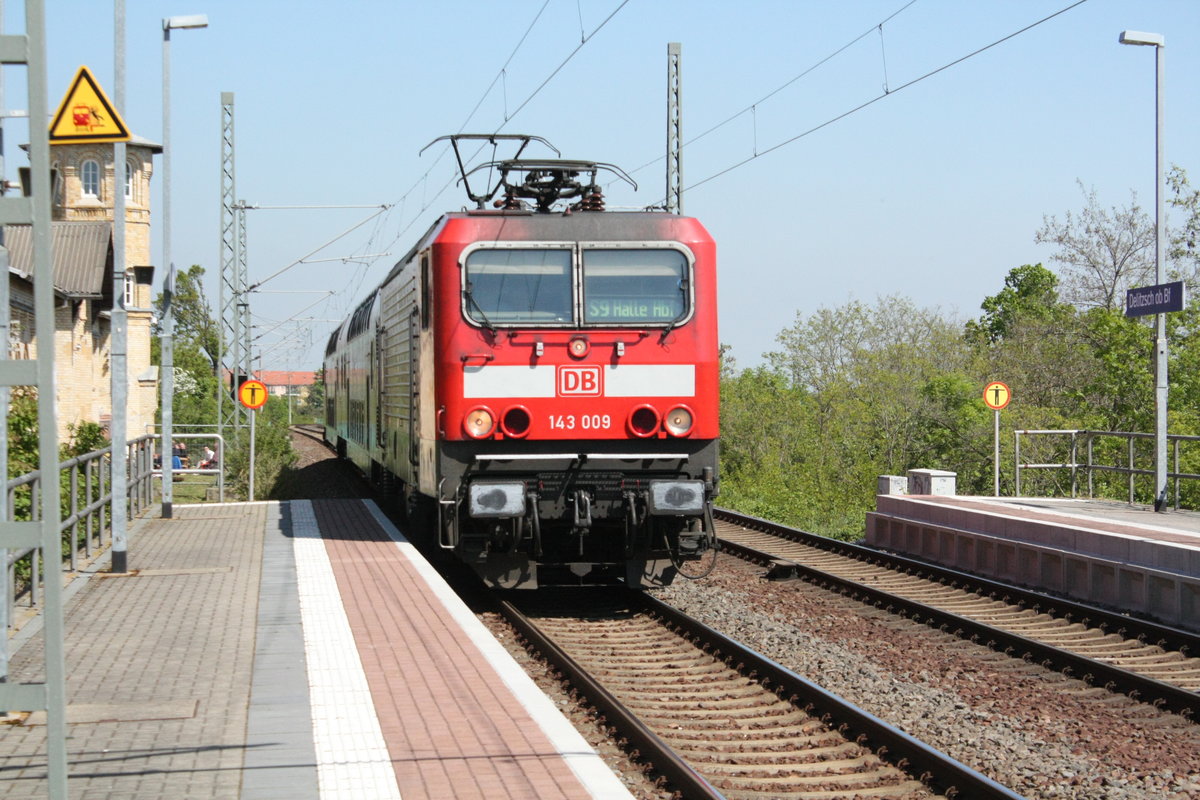 143 009 als S9 mit ziel Halle/Saale Hbf aus Richtung Eilenburg kommend bei der Einfahrt in den Bahnhof Delitzsch ob Bf am 7.5.20