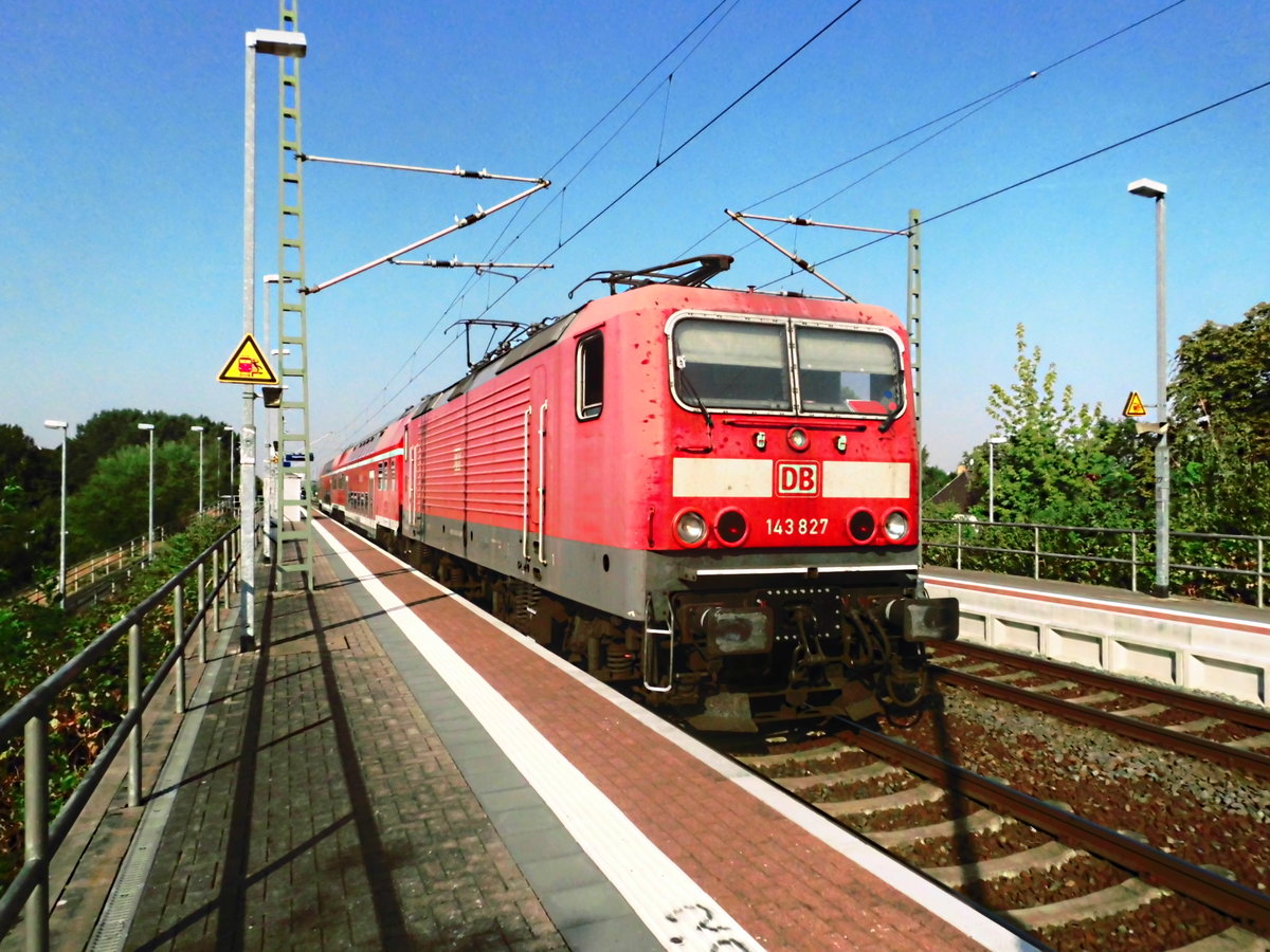 143 827 als S9 mit ziel Eilenburg im Bahnhof Delitzsch ob Bf am 9.8.18