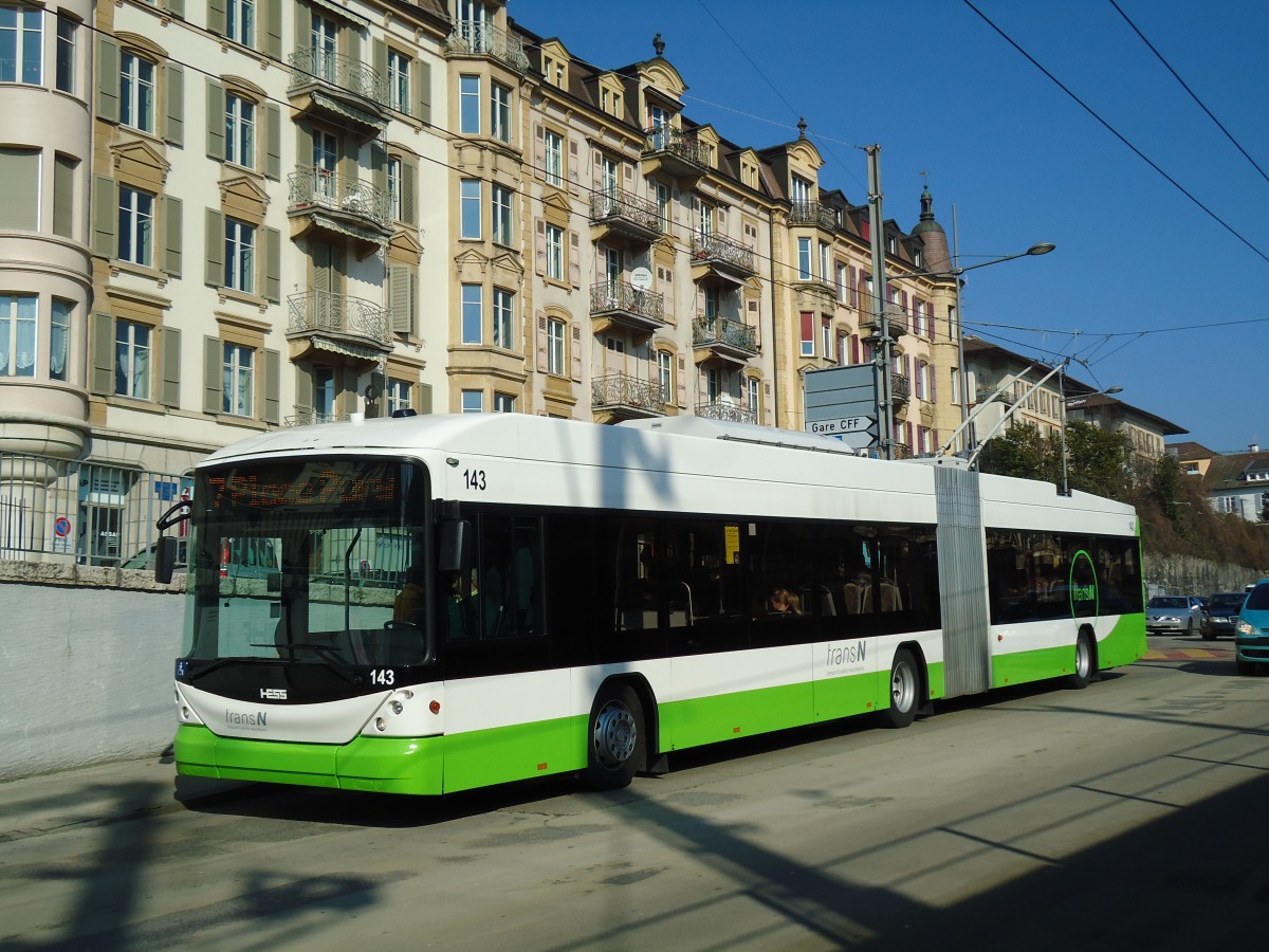 (143'283) - transN, La Chaux-de-Fonds - Nr. 143 - Hess/Hess Gelenktrolleybus (ex TN Neuchtel Nr. 143) am 19. Februar 2013 beim Bahnhof Neuchtel