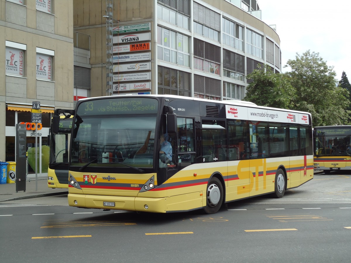 (144'862) - STI Thun - Nr. 5/BE 102'205 - Van Hool (ex Moser, Teuffenthal; ex Burri, Teuffenthal) am 9. Juni 2013 beim Bahnhof Thun