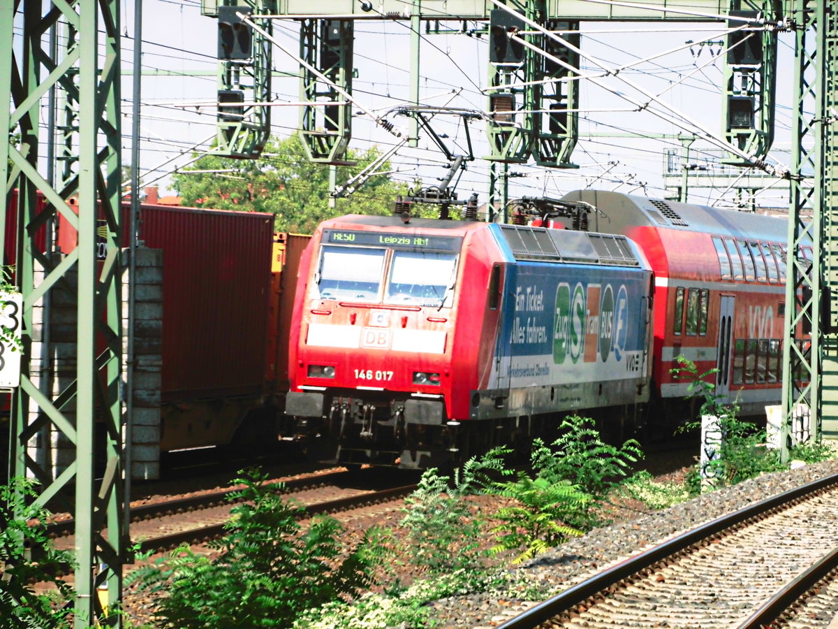 146 017 als RE50 mit ziel Leipzig Hbf bei der vorbeifahrt am Bahnhof Dresden Freiberger Straße am 5.9.18