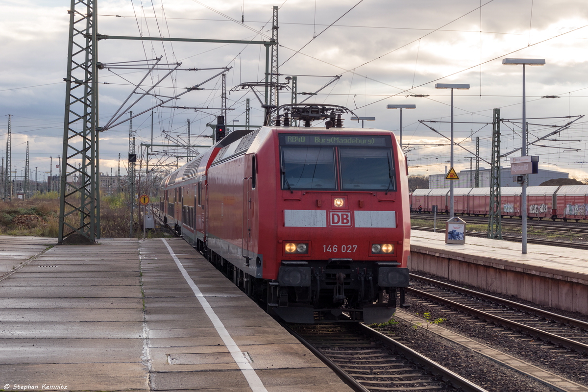 146 027 mit der RB40 (RB 17943) von Braunschweig Hbf nach Burg(Magdeburg), bei der Einfahrt in den Magdeburger Hbf. 17.11.2015