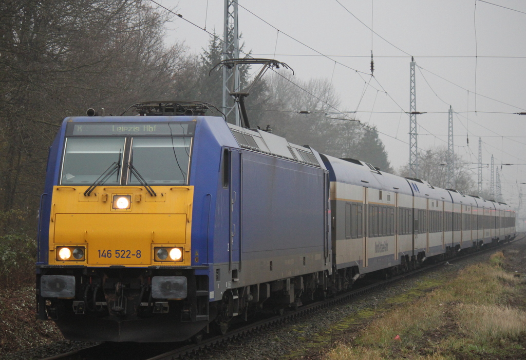 146 522-8  mit InterConnex 68904 von Warnemnde nach Leipzig Hbf bei der Durchfahrt im Bahnhof Rostock-Bramow.05.12.2014