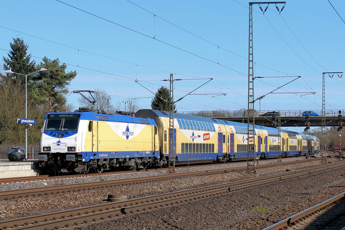 146 534-3 verlässt den Rotenburger Bahnhof und macht sich auf den Weg nach Hamburg. Datum 11.03.2017