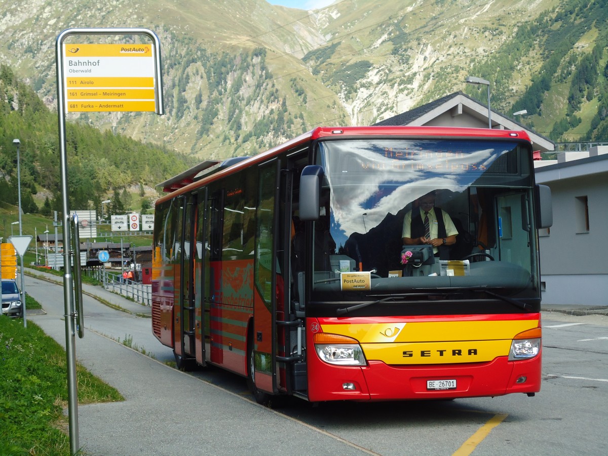 (147'034) - AFA Adelboden - Nr. 24/BE 26'701 - Setra am 2. September 2013 beim Bahnhof Oberwald (Einsatz AVG M.)