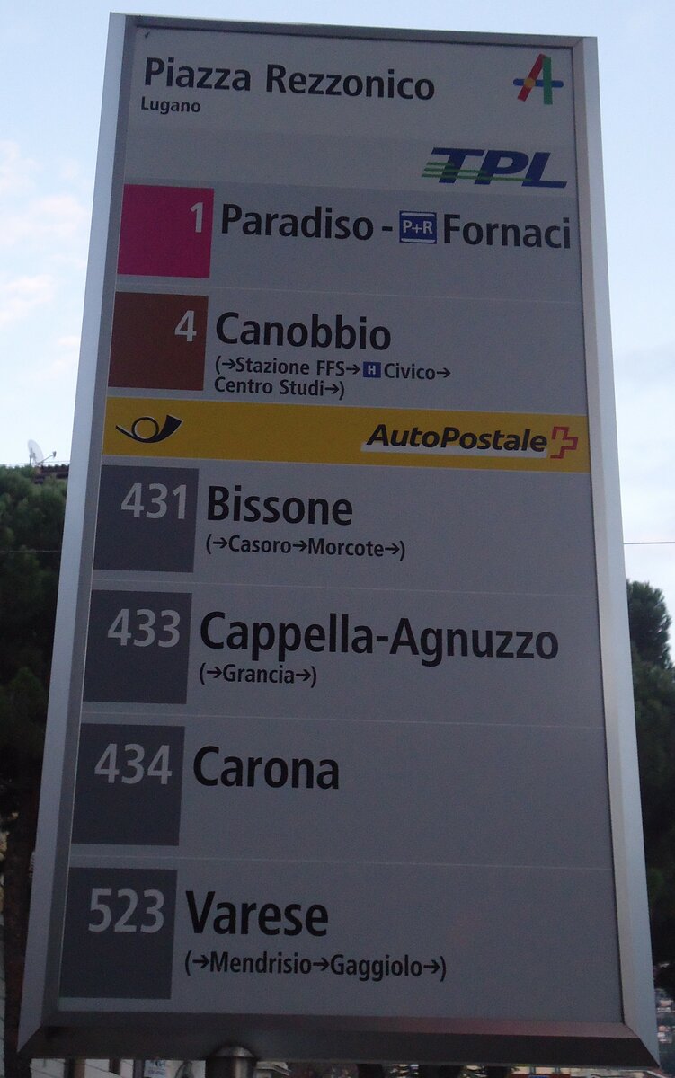 (147'757) - TPL/PostAuto-Haltestellenschild - Lugano, Piazza Rezzonico - am 5. November 2013