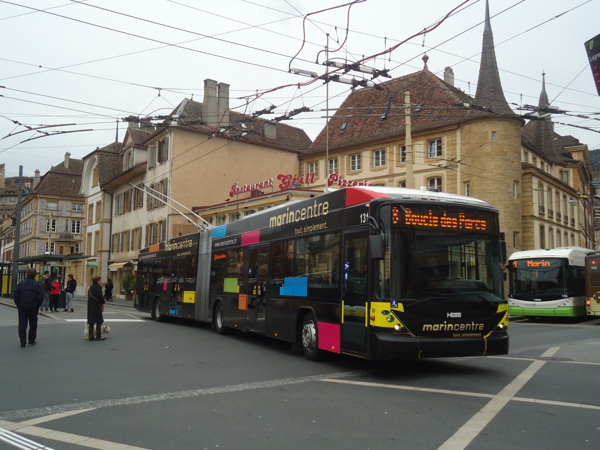 (147'981) - transN, La Chaux-de-Fonds - Nr. 131 - Hess/Hess Gelenktrolleybus (ex TN Neuchtel Nr. 131) am 8. November 2013 in Neuchtel, Place Pury