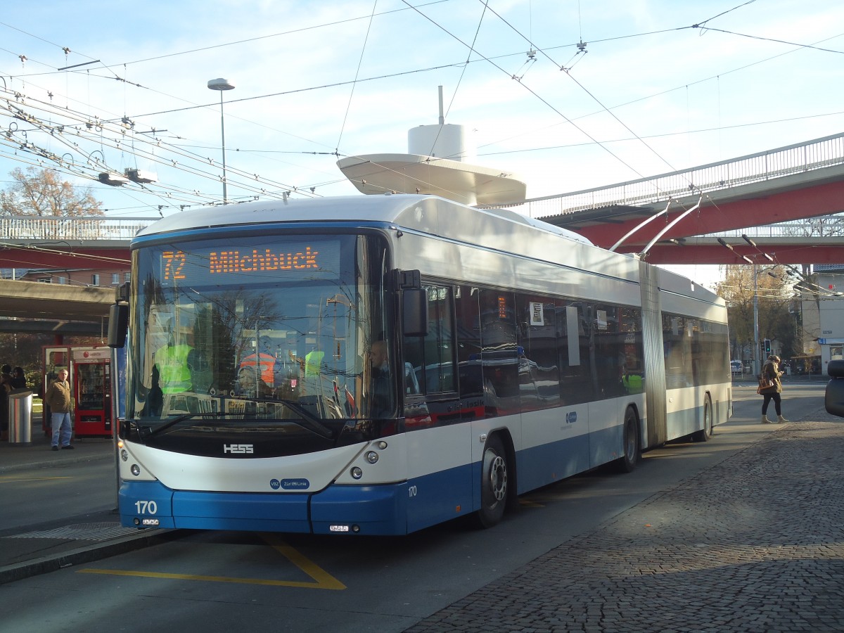 (148'278) - VBZ Zrich - Nr. 170 - Hess/Hess Gelenktrolleybus am 9. Dezember 2013 in Zrich, Bucheggplatz