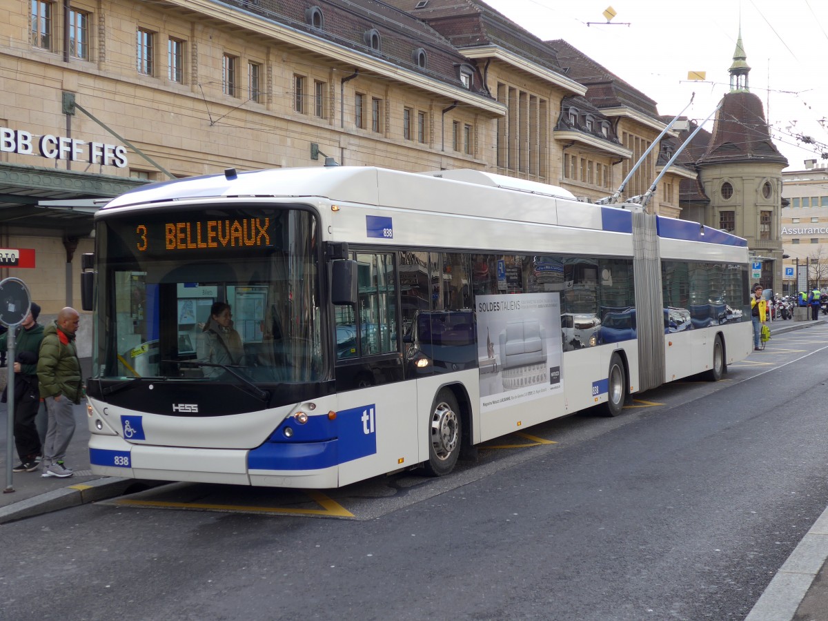 (148'761) - TL Lausanne - Nr. 838 - Hess/Hess Gelenktrolleybus am 2. Februar 2014 beim Bahnhof Lausanne