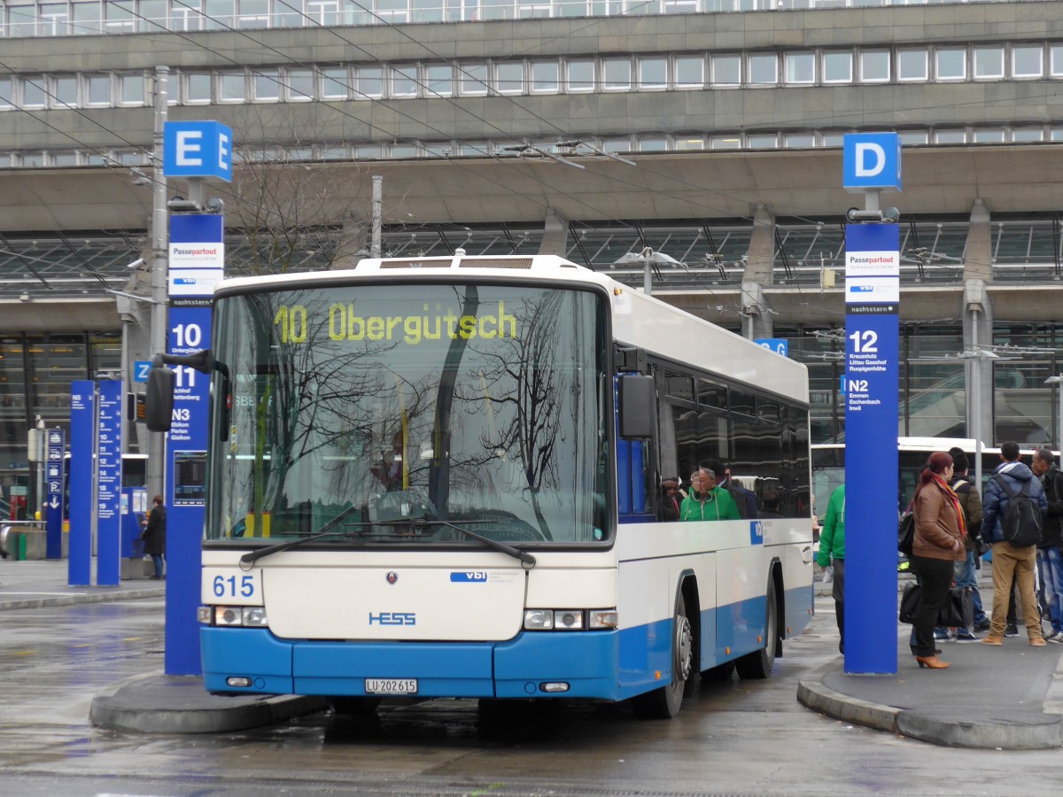 (148'887) - VBL Luzern - Nr. 615/LU 202'615 - Scania/Hess am 16. Februar 2014 beim Bahnhof Luzern