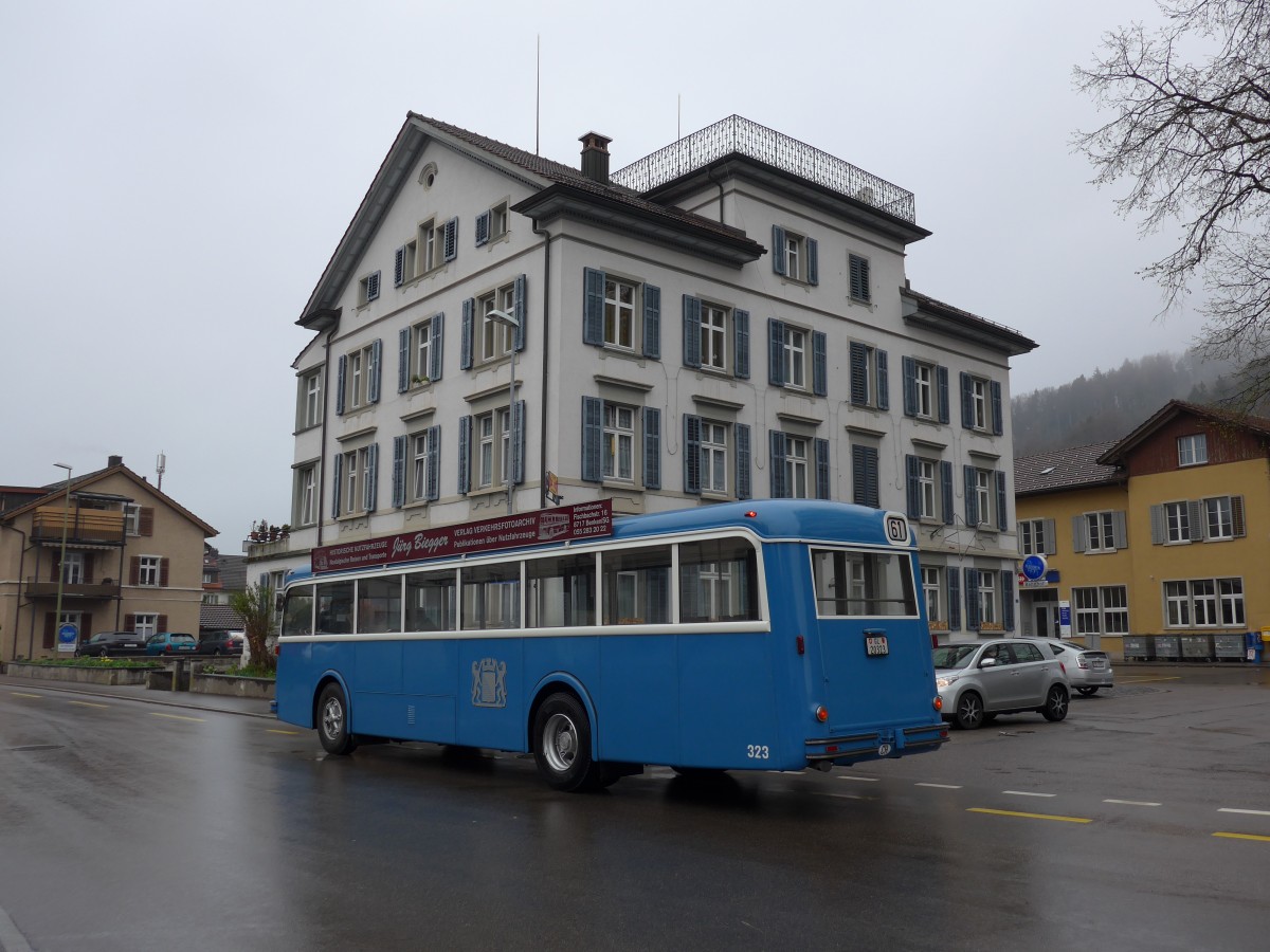 (149'567) - Biegger, Uster - Nr. 3/GL 20'323 - FBW/Tscher (ex DFB Andermatt; ex VBZ Zrich Nr. 323) am 6. April 2014 beim Bahnhof Bauma