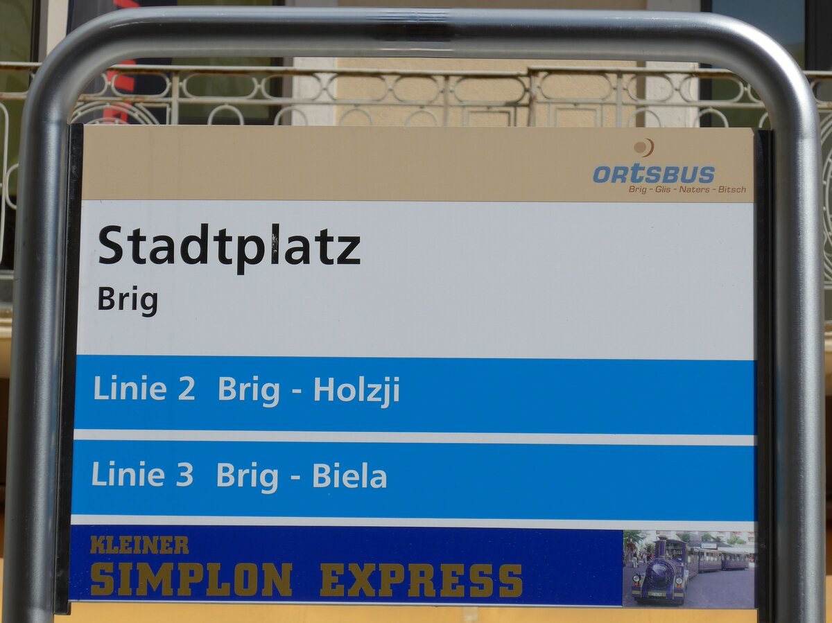 (149'680) - ORtSBUS-Haltestellenschild - Brig, Stadtplatz - am 20. April 2014