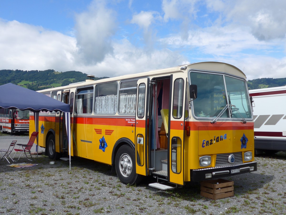 (153'775) - Ghwiler, Birmensdorf - ZH 311'638 - Saurer/Tscher (ex AVG Grindelwald Nr. 12; ex Steiger, Schlatt) am 16. August 2014 in Altsttten, Allmendplatz