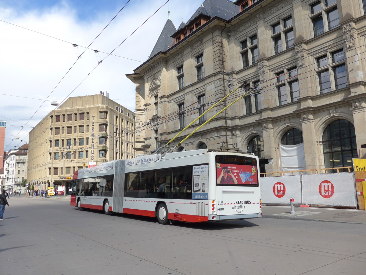 (153'944) - SW Winterthur - Nr. 118 - Hess/Hess Gelenktrolleybus am 16. August 2014 beim Hauptbahnhof Winterthur
