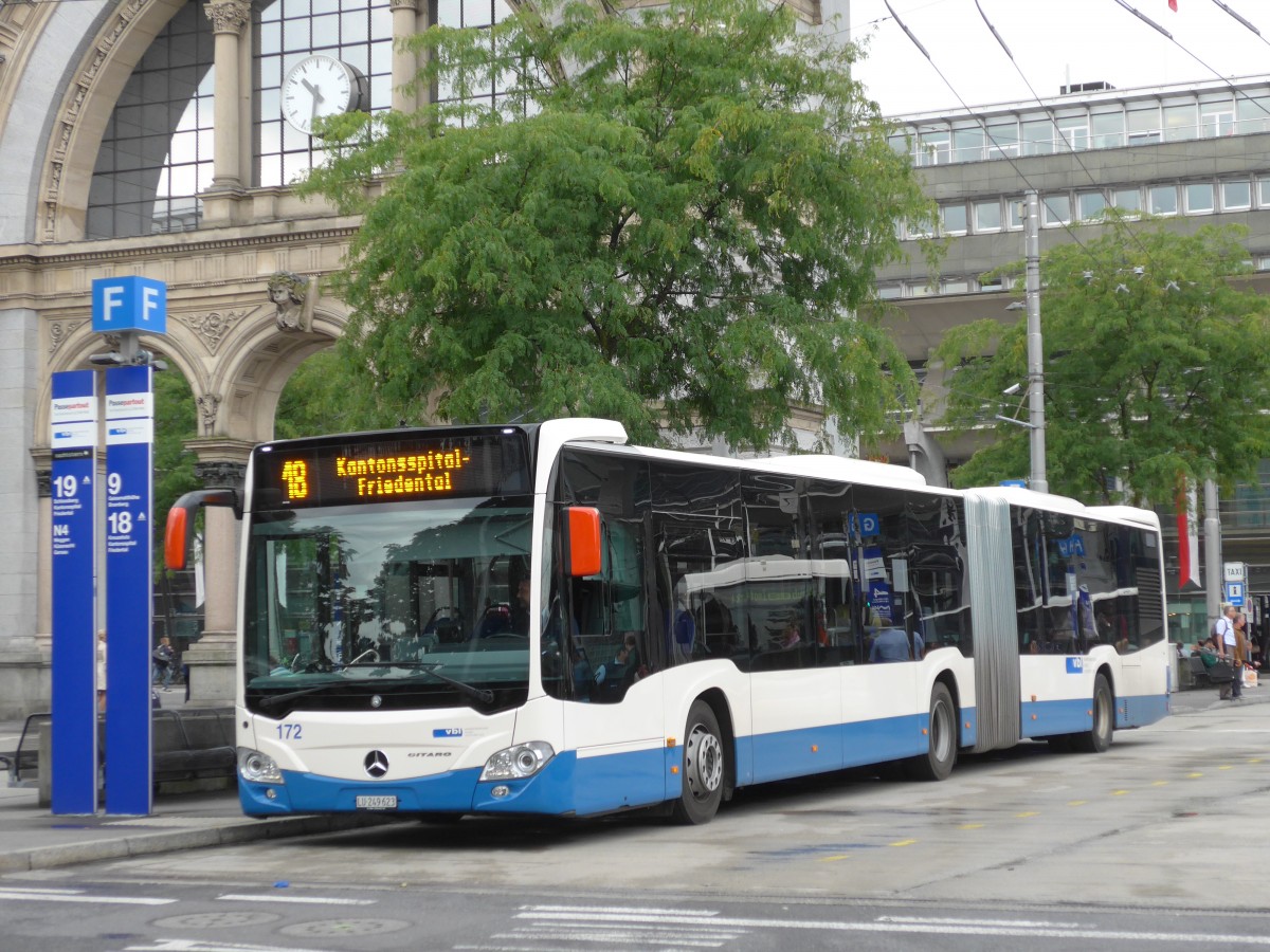 (154'017) - VBL Luzern - Nr. 172/LU 249'623 - Mercedes am 19. August 2014 beim Bahnhof Luzern