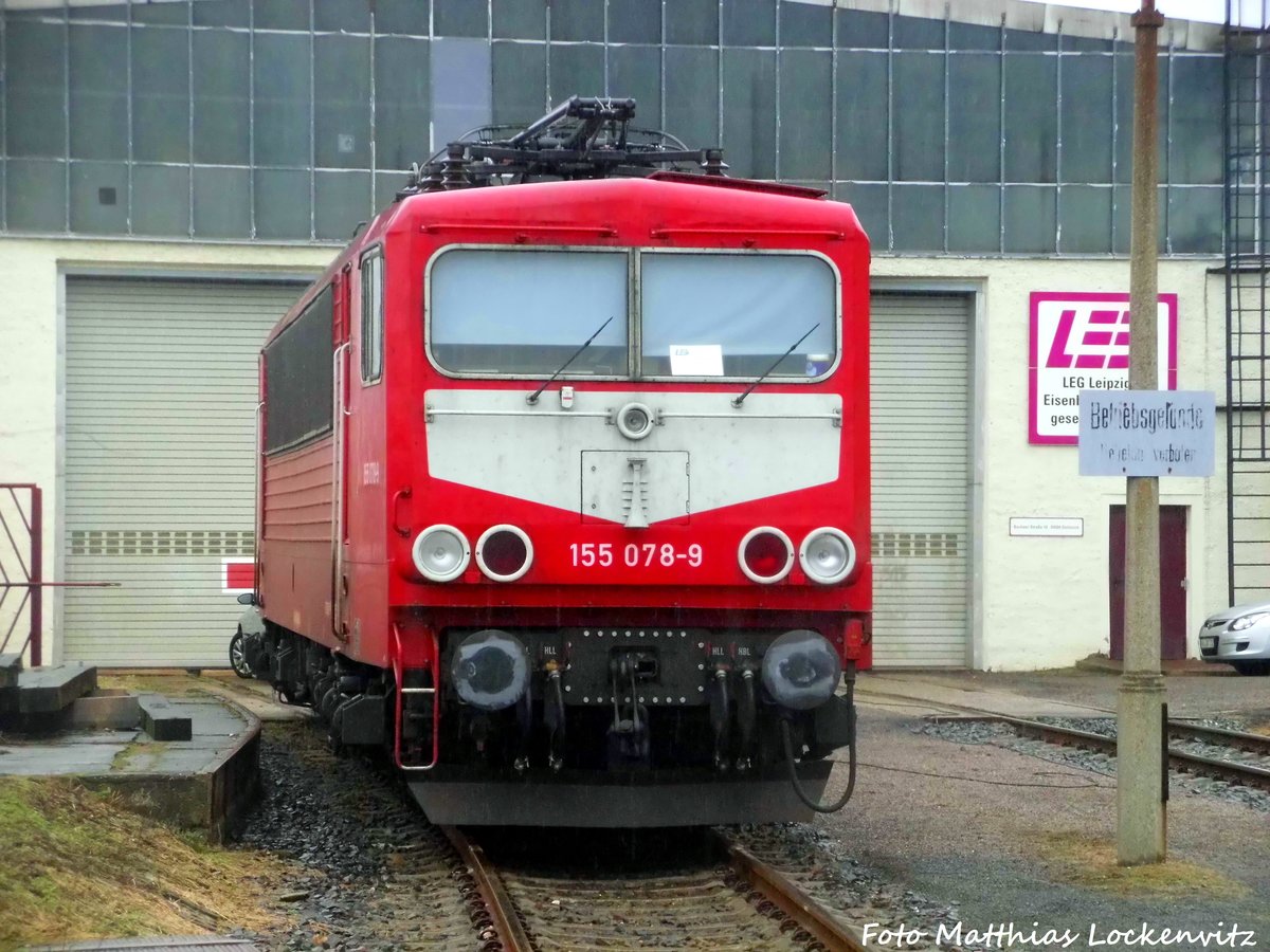 155 078 der LEG abgestellt vor der LEG Werkstatt in Delitzsch am 3.2.17