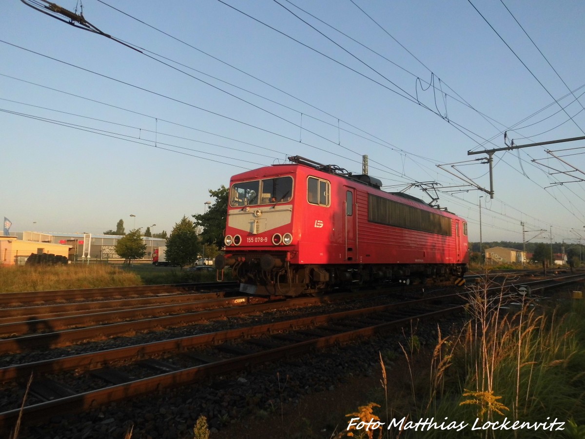 155 078 der LEG beim einfahren in den Bahnhof Delitzsch unt Bf am 4.9.15