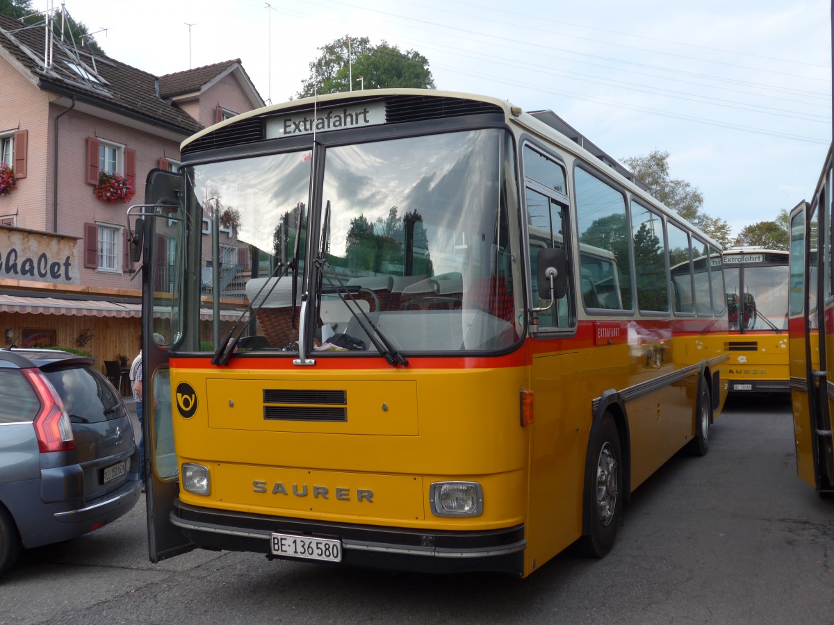 (155'680) - Schumacher, Liebefeld - BE 136'580 - Saurer/Tscher (ex Zimmermann, Niederwangen; ex P 24'289) am 12. Oktober 2014 in Kssnacht, Rest. Frohsinn