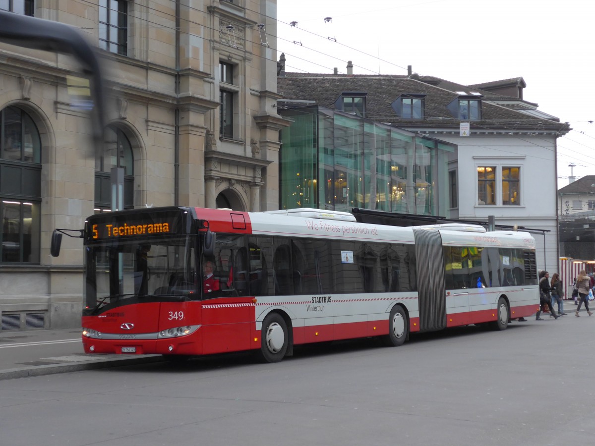 (157'655) - SW Winterthur - Nr. 349/ZH 766'349 - Solaris am 6. Dezember 2014 beim Hauptbahnhof Winterthur