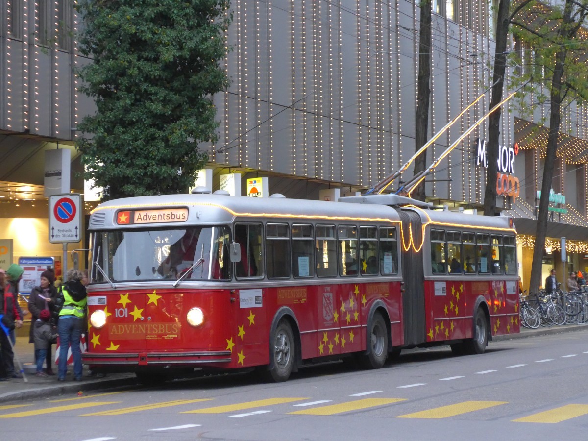 (157'673) - VW Winterthur - Nr. 101 - FBW/SWS Gelenktrolleybus am 6. Dezember 2014 in Winterthur, Bankstrasse