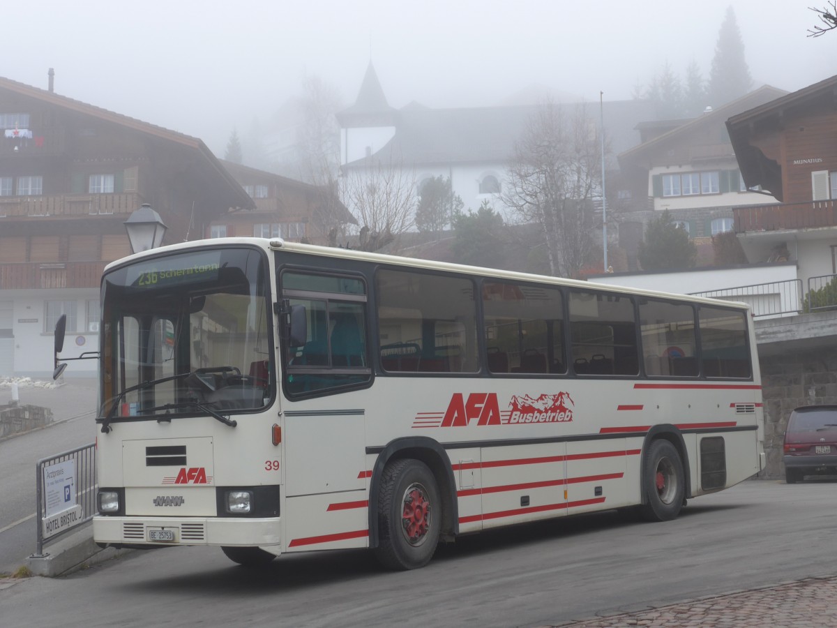 (157'689) - AFA Adelboden - Nr. 39/BE 25'753 - NAW/R&J (ex Nr. 18; ex Autopostale, Mendrisio Nr. 38; ex Piotti, Balerna Nr. 38; ex AAGI Interlaken Nr. 38; ex Schmocker, Beatenberg Nr. 3) am 7. Dezember 2014 beim Autobahnhof Adelboden