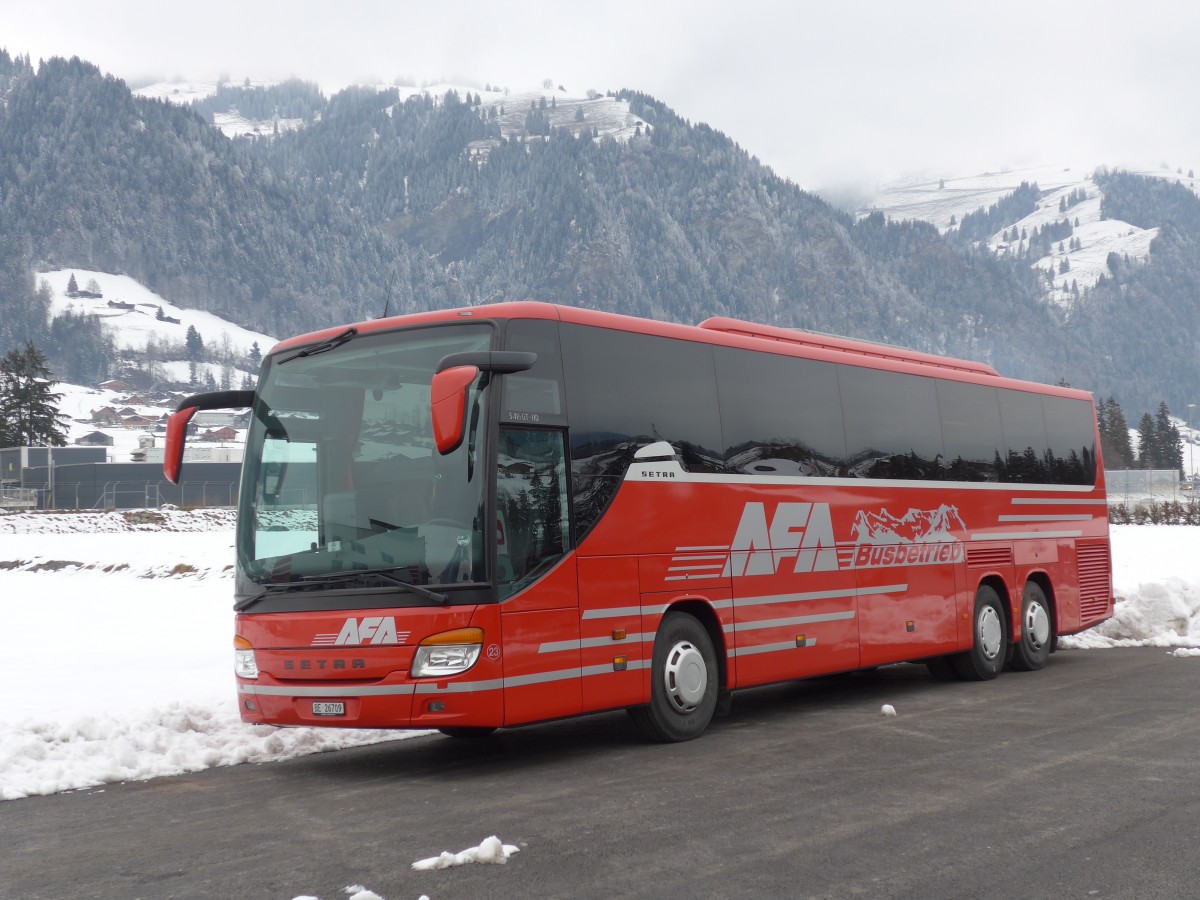 (158'471) - AFA Adelboden - Nr. 23/BE 26'709 - Setra (ex Blaguss, A-Wien Nr. 5402) am 24. Januar 2015 in Frutigen, Garage