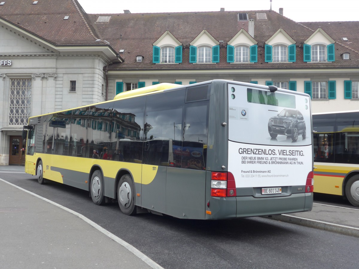 (159'540) - STI Thun - Nr. 148/BE 801'148 - MAN am 30. Mrz 2015 beim Bahnhof Thun