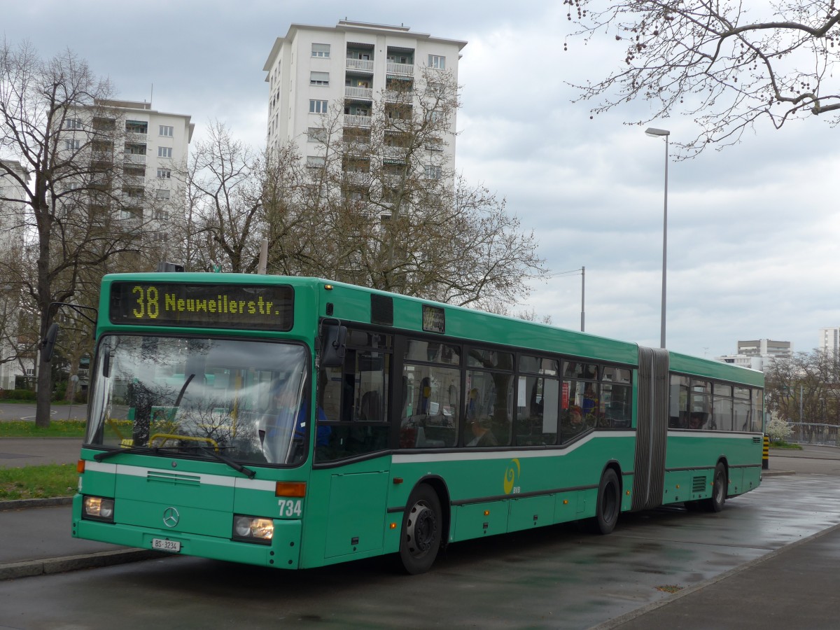 (159'827) - BVB Basel - Nr. 734/BS 3234 - Mercedes (ex VAG Freiburg/D Nr. 933) am 11. April 2015 in Basel, Kannenfeldplatz