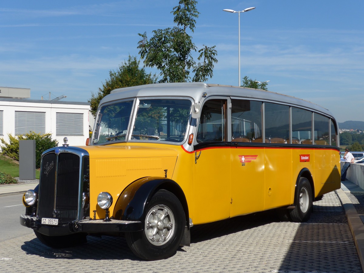 (163'920) - Kiener, Steinen - SZ 35'573 - Saurer/Eggli (ex Marti, Luzern; ex P 23'095; ex P 2147) am 29. August 2015 in Oberkirch, CAMPUS Sursee