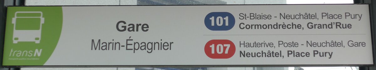 (164'828) - transN-Haltestellenschild - Marin-pagnier, Gare - am 15. September 2015