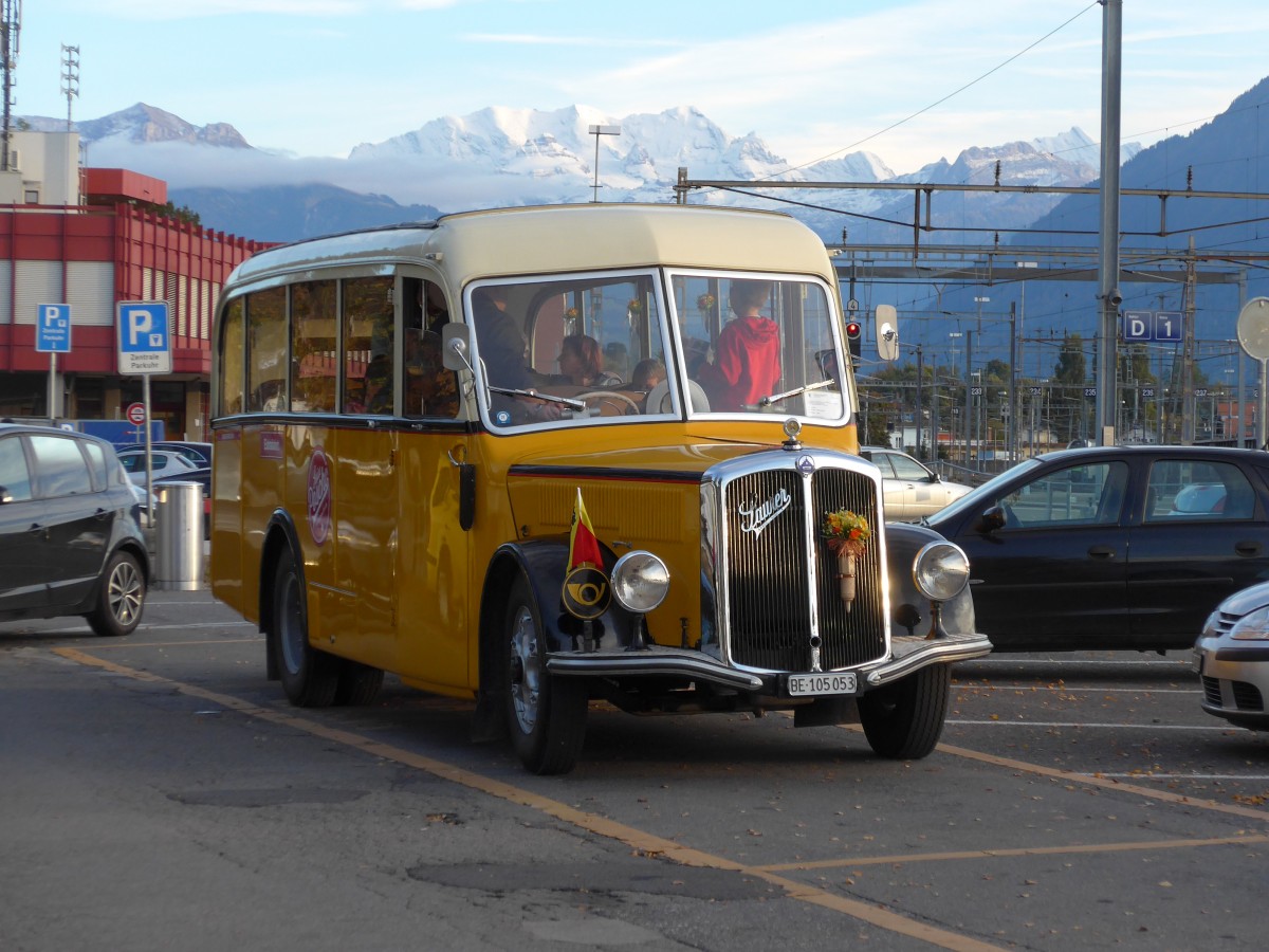 (166'054) - Blaser, Unterseen - BE 105'053 - Saurer/Tscher (ex Gessinger, Bad Ragaz) am 4. Oktober 2015 in Thun, CarTerminal