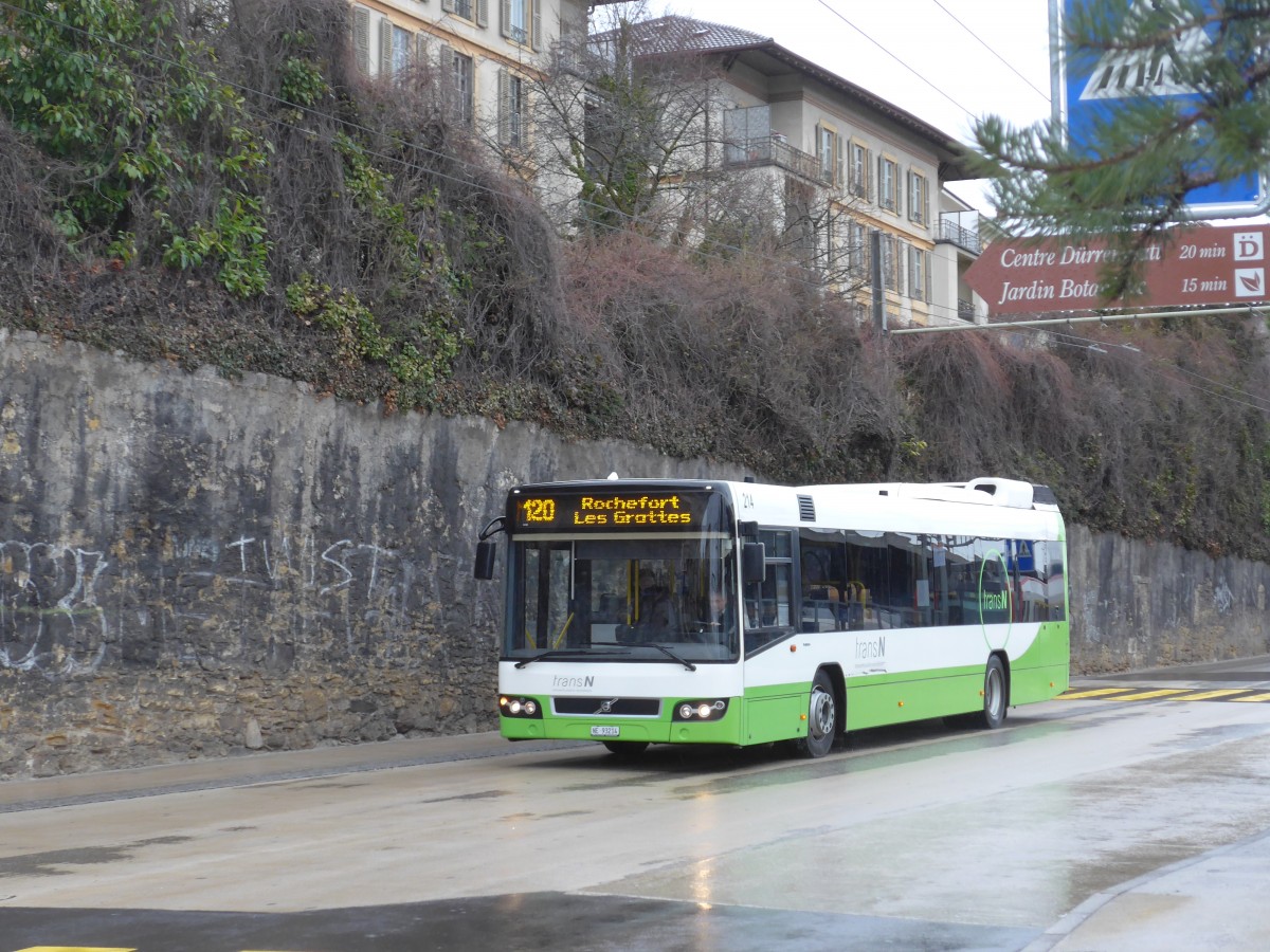 (168'786) - transN, La Chaux-de-Fonds - Nr. 214/NE 93'214 - Volvo (ex TN Neuchtel Nr. 214) am 20. Februar 2016 beim Bahnhof Neuchtel