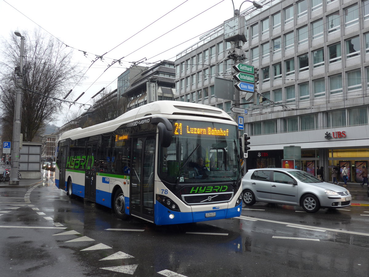 (169'465) - VBL Luzern - Nr. 78/LU 250'373 - Volvo am 25. Mrz 2016 beim Bahnhof Luzern