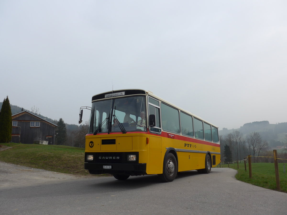 (169'637) - Bernair, Mnsingen - BE 651'182 - Saurer/Tscher (ex Schebath, Lauerz; ex Albin, Fllanden; ex Heim, Flums) am 2. April 2016 bei Teufen