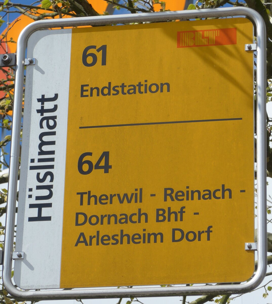 (170'103) - BLT-Haltestellenschild - Oberwil, Hslimatt - am 16. April 2016