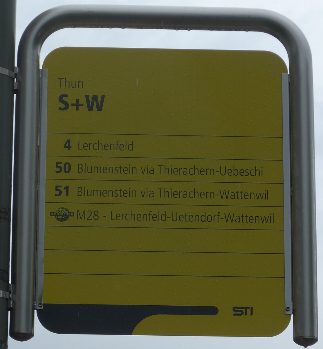 (171'920) - STI-Haltestellenschild - Thun, S+W - am 19. Juni 2016