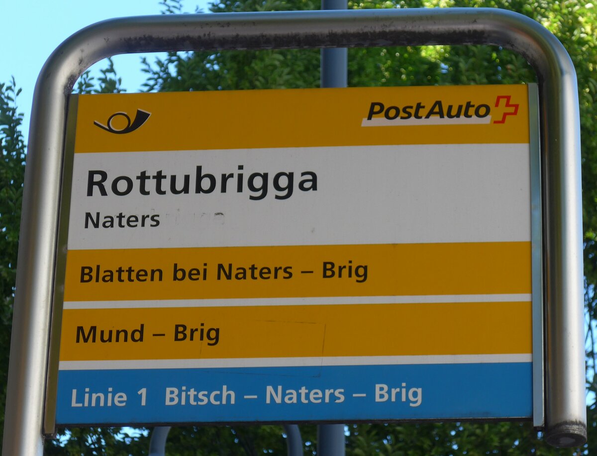 (173'682) - PostAuto/ORtSBUS-Haltestellenschild - Naters, Rottubrigga - am 7. August 2016